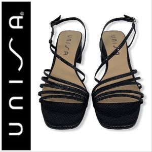 UNISA Kindal Black Snake Print Block Heel Sandals
